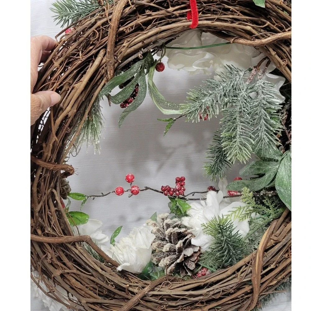 Natural farmhouse outdoorsy holiday winter White Peony Pinecone Berry 24 Inch